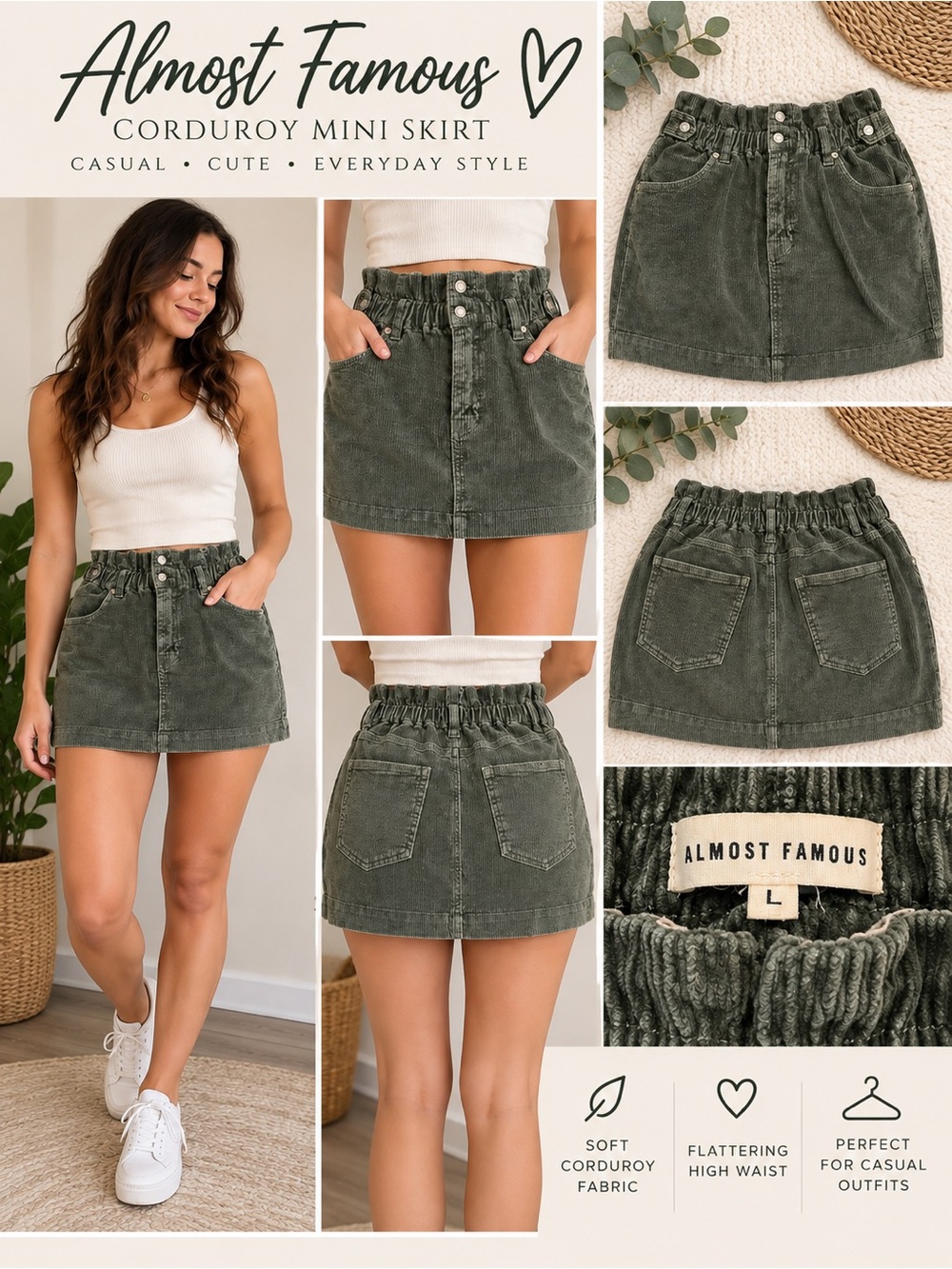 Almost Famous Olive Corduroy Paperbag Mini Skirt Size L
